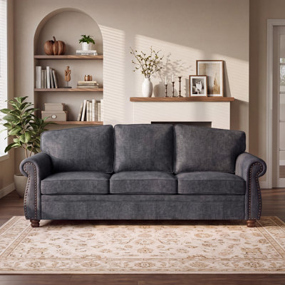  Vintage Living Room Standard Couch, 89" Traditional Upholstered Nailhead Trim 3-Seater Sofas & Couches With Rolled Arms And Wood Legs For Farmhouse, Apartment, Chenille, Dark Gray