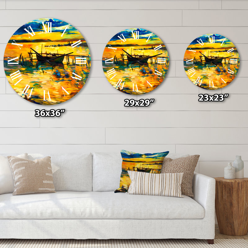 Bateau pendant la soirée, lueur au lac VI - horloge murale nautique et côtière, Grand