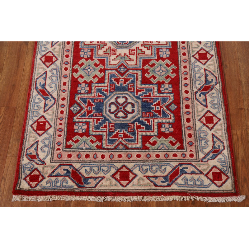 Tapis de couloir oriental géométrique rouge Kazak fait à la main 3 x 19