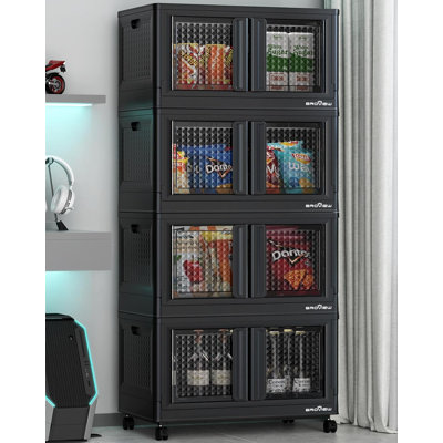 320Qt Storage Bins with Lids, 80Gal Plastic Stackable Collapsible Storage Bins with Doors Wheels, Closet Organizers and Storage, Foldable Box Cabinet for Home Office Garage, 4Pack Black Cube