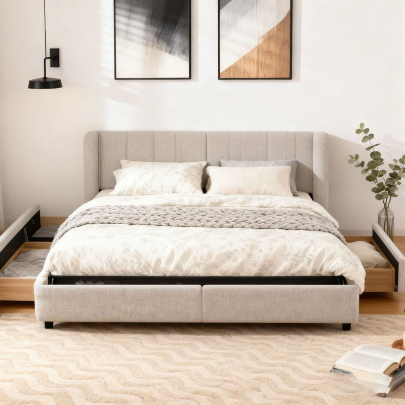 Chenille fabric Upholstered Bed Frame with Thick Fabric With drawer for storage, Beige