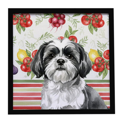 Black and White Shih Tzu Vegetables Framed Metal Print