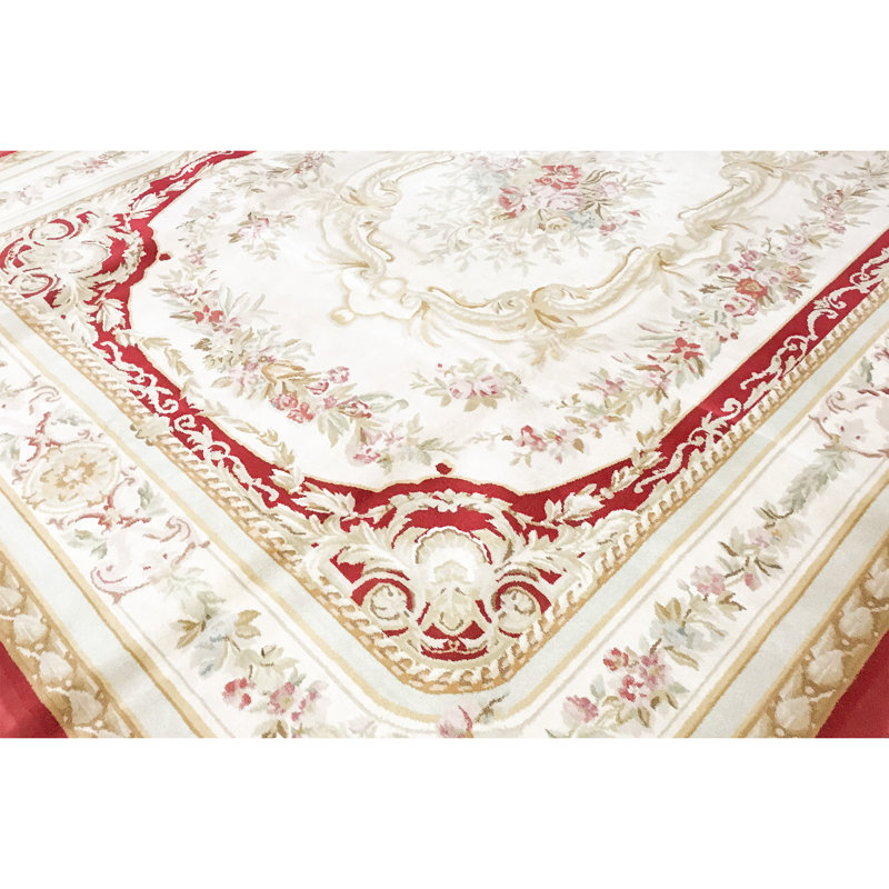 Tapis ivoire et rouge noué à la main de haute qualité