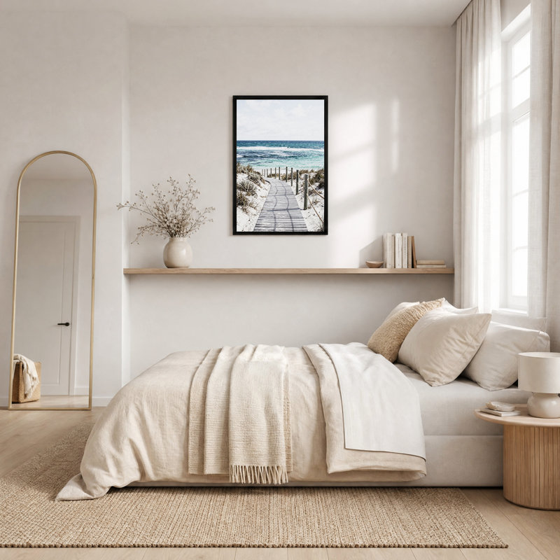 Art mural en bois, promenade en bois vers l'océan turquoise et sable blanc, H 24 po x l 16 po