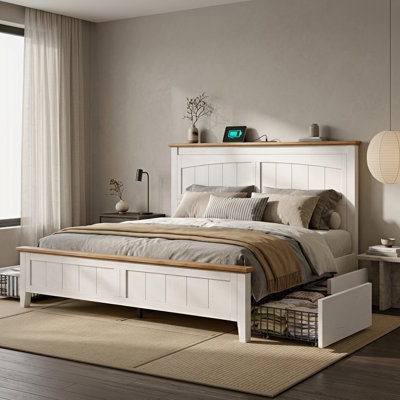 Farmhouse King Platform Bed with High Headboard, Charging Station & 4 Storage Baskets, No Box Spring Needed