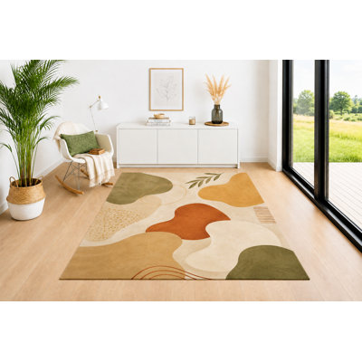 "Ultra Lightweight" 5'x7' Mid Century Area Rug, Modern Organic Shapes Pattern in Olive Green Mustard Terracotta Beige and Cream, Soft Low Pile Carpet for Living Room Bedroom Office Decor
