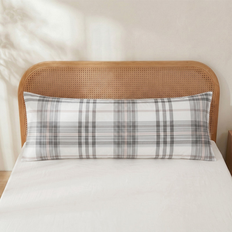 100% Cotton Body Pillow Cover, 20 x 54, Washed Cotton Gray Check Pillowcase, Soft Breathable Pillow Cover for Bed