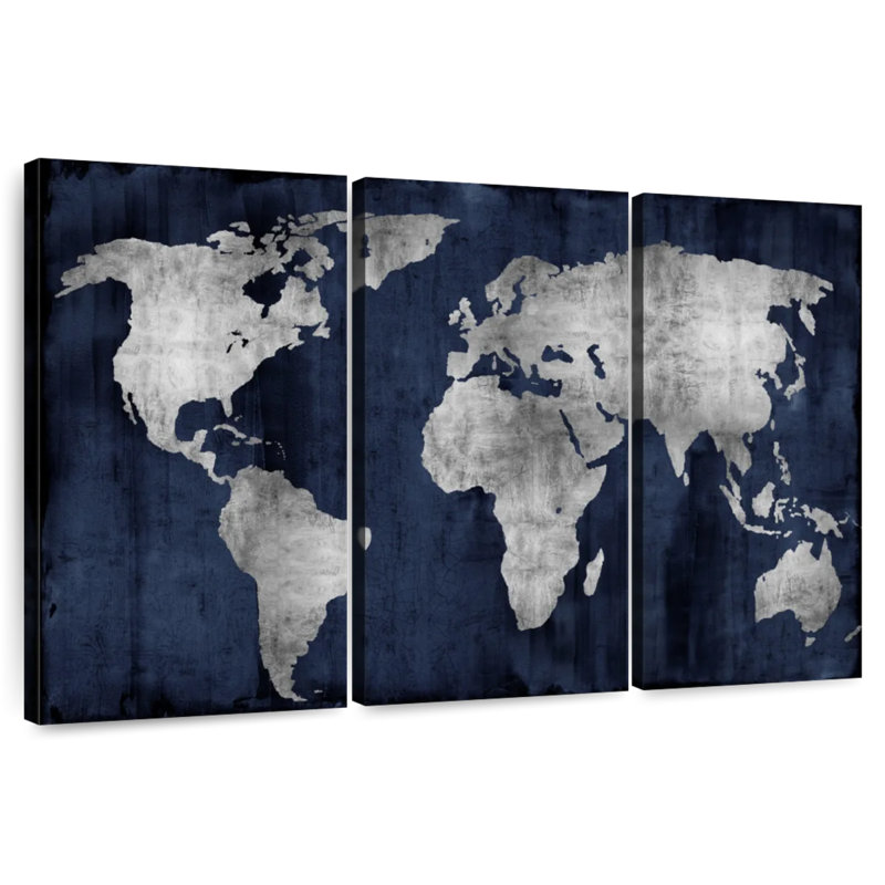 Aliaz The World - Argent sur bleu, H 48 po x l 74 po