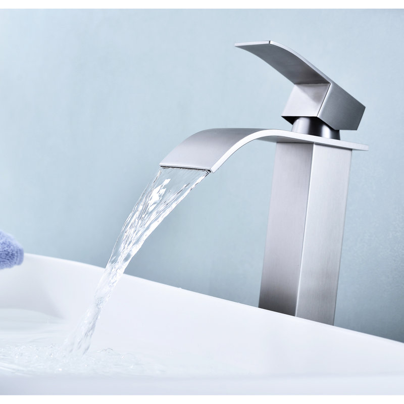 Robinet de lavabo de salle de bain avec bec cascade, conception à poignée unique, bonde escamotable sans trop-plein, acier inoxydable, finition anticorrosion, débit doux, installation facile pour les éviers sans trop-plein