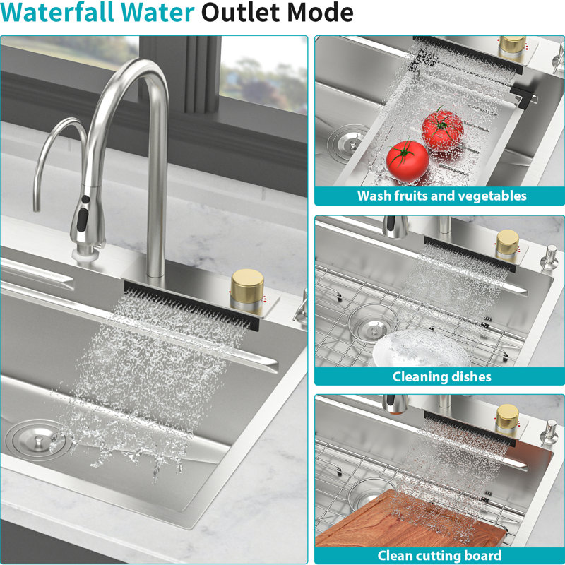 Évier de cuisine à rebord à cuve simple en acier inoxydable de calibre 16 33 * 22 pouces avec robinet coulissant et laveuse à gobelets, qualité T304 pour plus de durabilité, conception en cascade 3 modes d'eau, guide en forme de X