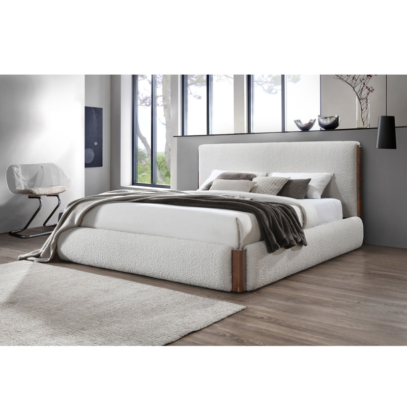 Sandro King White Boucle Upholstered Bed with Walnut Frame