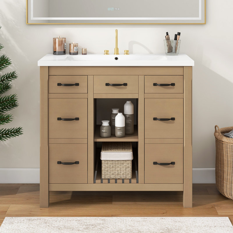 Meuble-lavabo simple 36 po avec plateau en résine Raabiah, Naturel