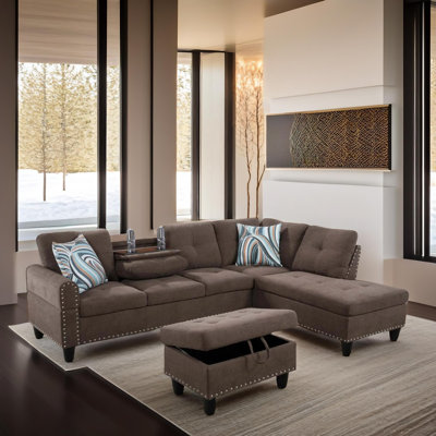 Aspen Brown Microfiber Right-Facing Sectional 3-Piece Sofa Living Room Sofa Set