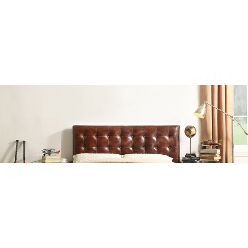 Grand lit en cuir brun - Plateforme avec tête de lit et rembourrage en mousse avec cadre en bois de conception rétro