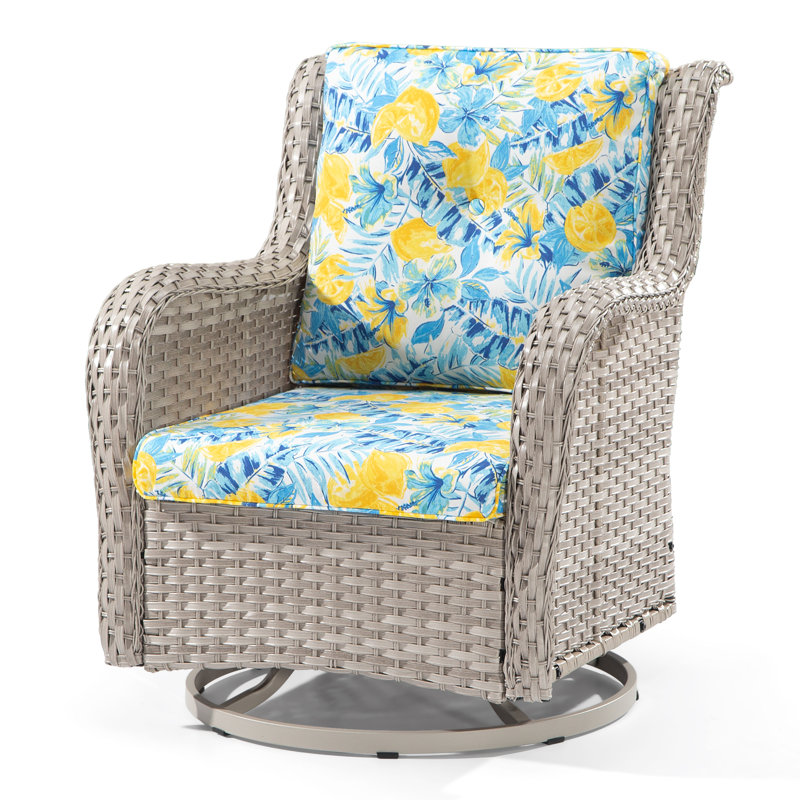 Chaise berçante d'extérieur en polyéthylène (PE) avec coussins Ashlamari, gris, Motif de citrons et de fleurs bleues