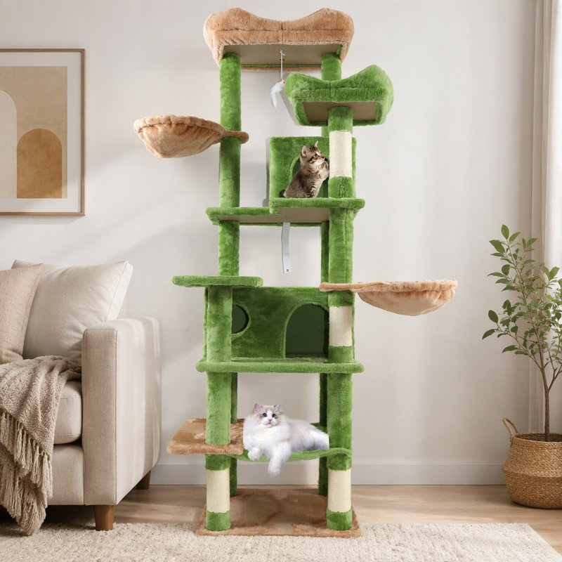 Arbre à chat multiniveaux de 173 cm de hauteur avec hamacs, panier suspendu, grotte pour chat, coussins amovibles et poteaux à griffer résistants - Idéal pour les chats d'intérieur et les foyers avec plusieurs chats