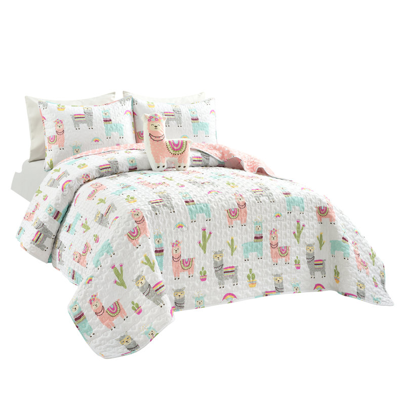 Southwest Llama Cactus Reversible Quilt Set, White/Blush, Twin Quilt + 1 Sham + 1 Pillow