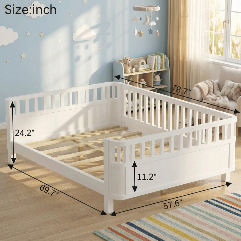 Full Size Low Platform Kids Bed with Pristine White Finish, Perfectly Designed For Kids’ Bedrooms And Suitable, White, Full