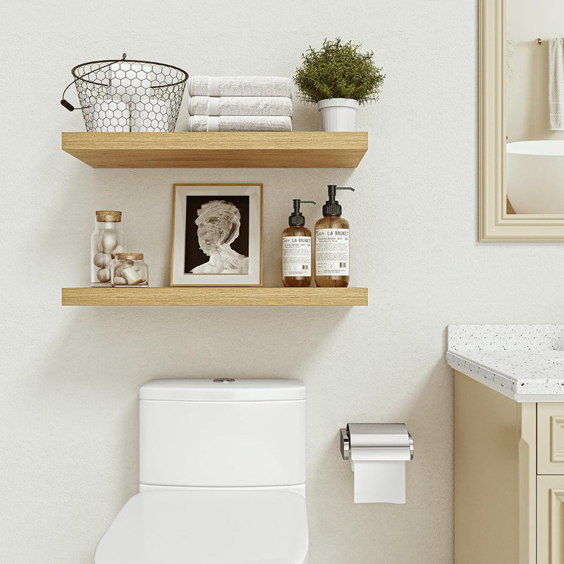 24" Deep Floating Wall Shelves Set Of 2, Oak Wood Shelves With Hidden Brackets