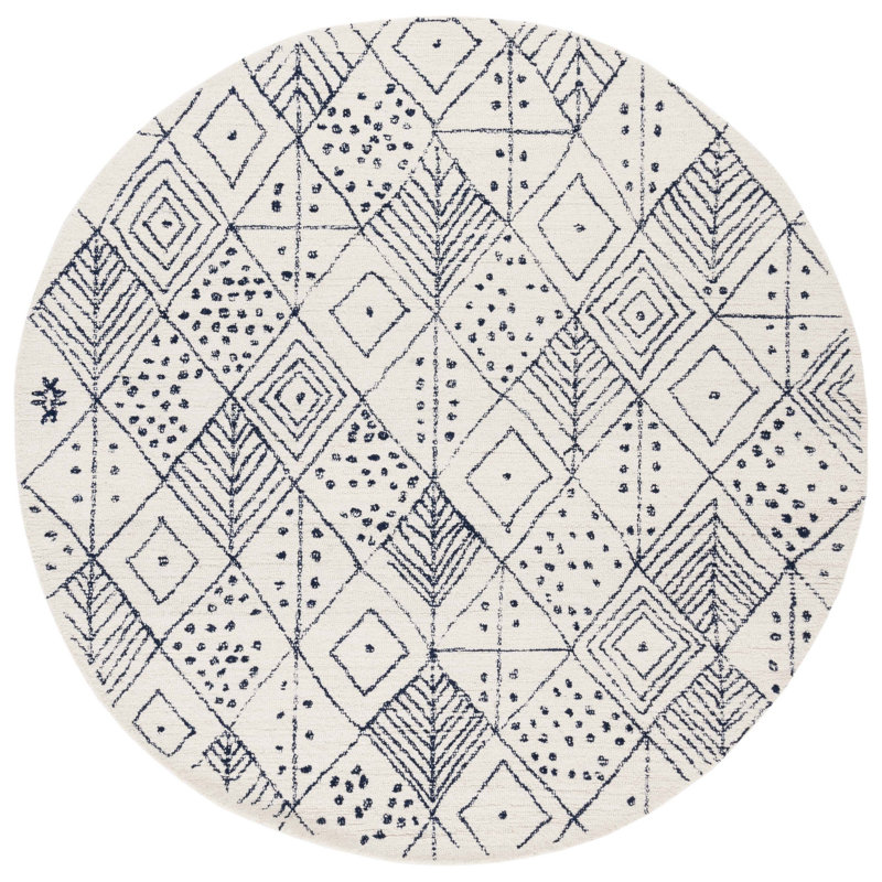 Tapis géométrique ivoire / bleu en laine / coton touffeté à la main Anaistacia, Rond 6 pi