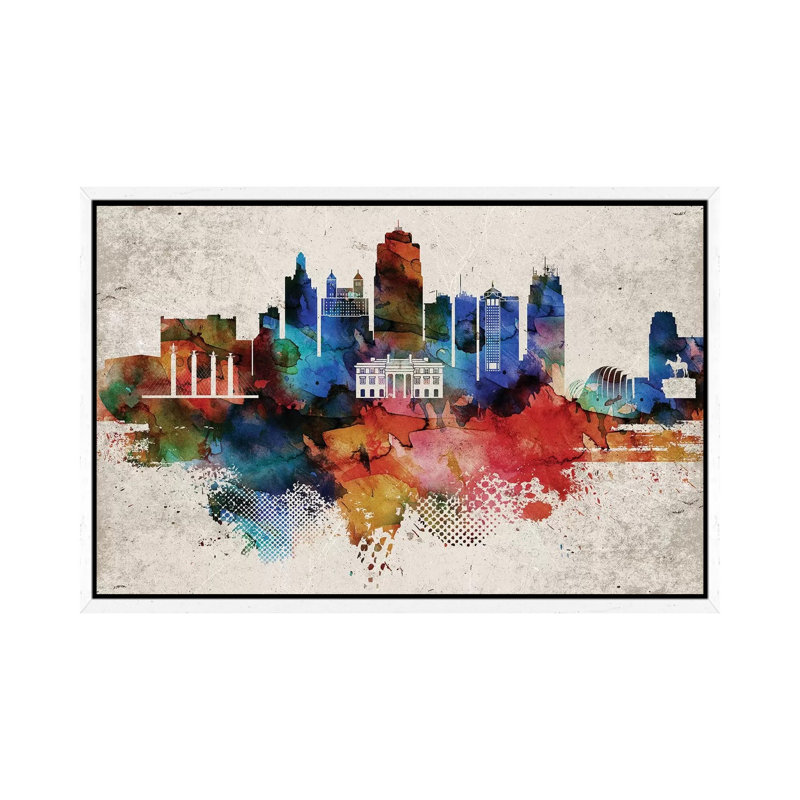 Kansas City Abstract - Print on Canvas, 101.6cm H x 152.4cm W x 3.81cm D, White Framed