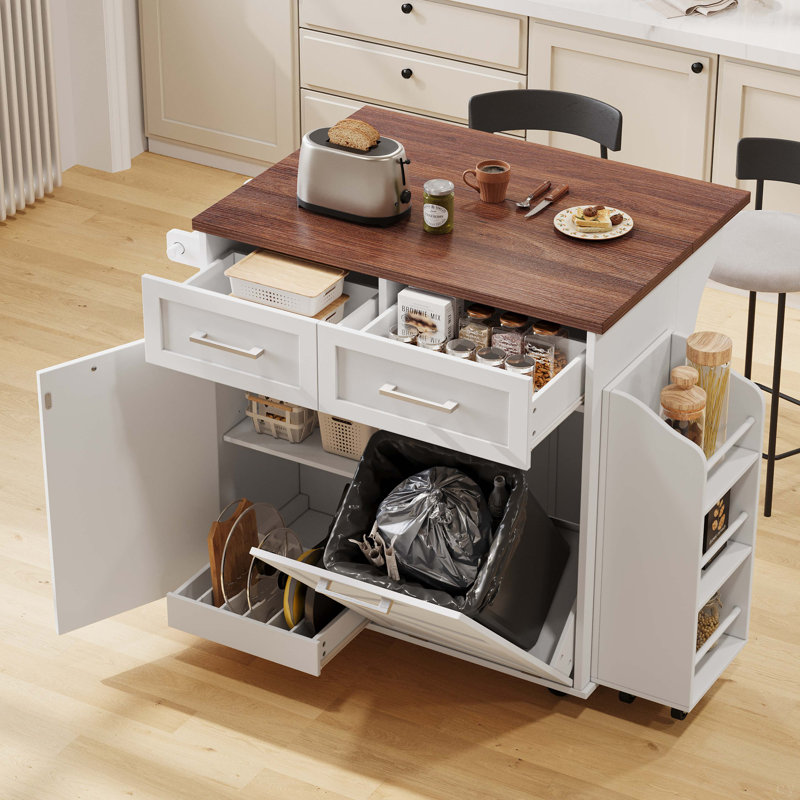 47.2" Farmhouse Kitchen Island With Drop Leaf, Kitchen Storage Island With Removable Side Racks, Two Drawers, Rolling Kitchen Cart On Wheels With Towel Rack, For Home, Kitchen, Dining Room