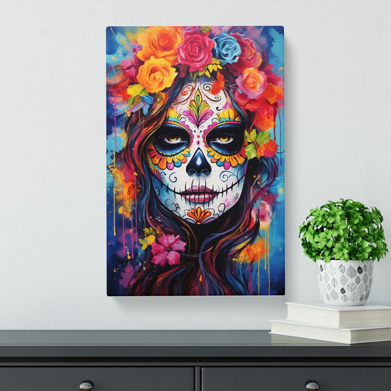 Sugar Skull Action Painting Art - Wrapped Canvas, 76cm H x 50cm W x 3cm D