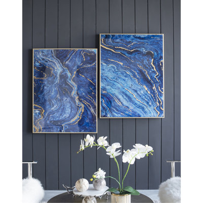 2 Blue And Gold Framed Art Panels, 30.5X40, Attractive Marbled Style, Materials For Any Occasion Of Panels With Frame, 30.5"X40", Wonderment,