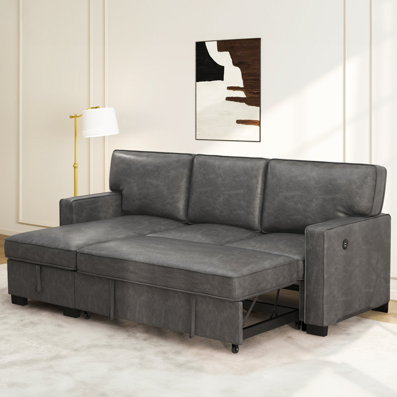 Shifnal 90.5" Wide Modern Upholstered Vegan Leather Multifunctional Chaise Sofa Bed With USB, Gray Faux Leather