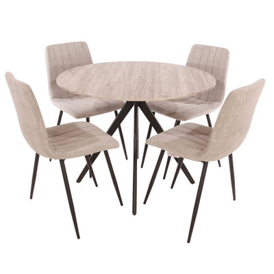 Huetter aspen 1000mm oak foiled round table & 4 fabric chair Set