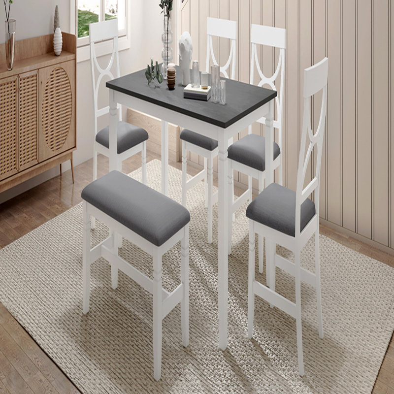 Ensemble de 6 tables de salle à manger en bois avec banc rembourré et 4 chaises de style campagnard