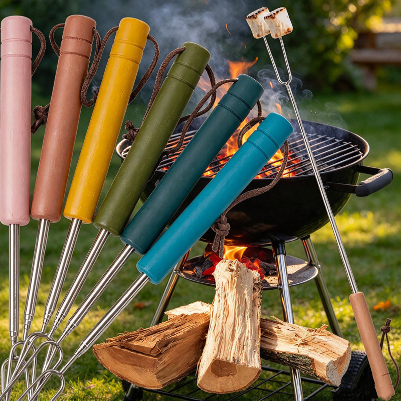 6 bâtonnets à rôtir de couleur guimauve aux couleurs bohémiennes, acier inoxydable extensible avec poignées en bois massif, bâtonnets Smore pour foyer