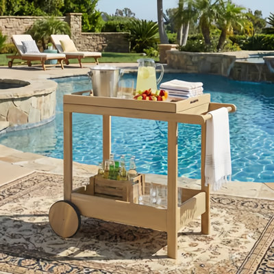 Acacia Wood Rolling Bar Cart With Wheels & Handle, Outdoor Mobile Beverage Cart For Patio, Poolside, Backyard, Double Shelf