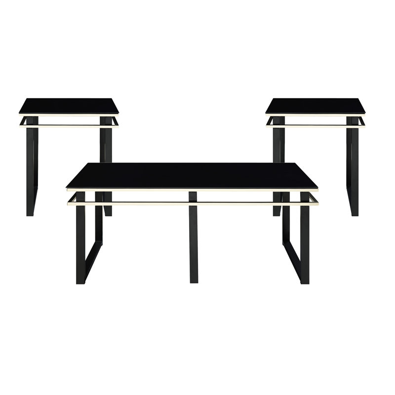 3pc Occasional Tables: Black Tempered Glass Top Coffee Table And End Tables With Metal Legs For Modern Living 2 : Style Tops Framework Charming Room