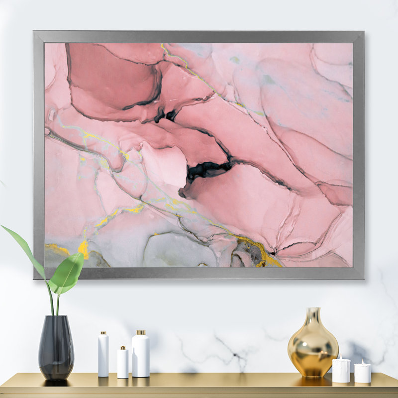Décoration murale luxueuse en écoulement marbré rose et gris, H 24 po x l 36 po, Impression argent sur toile encadrée