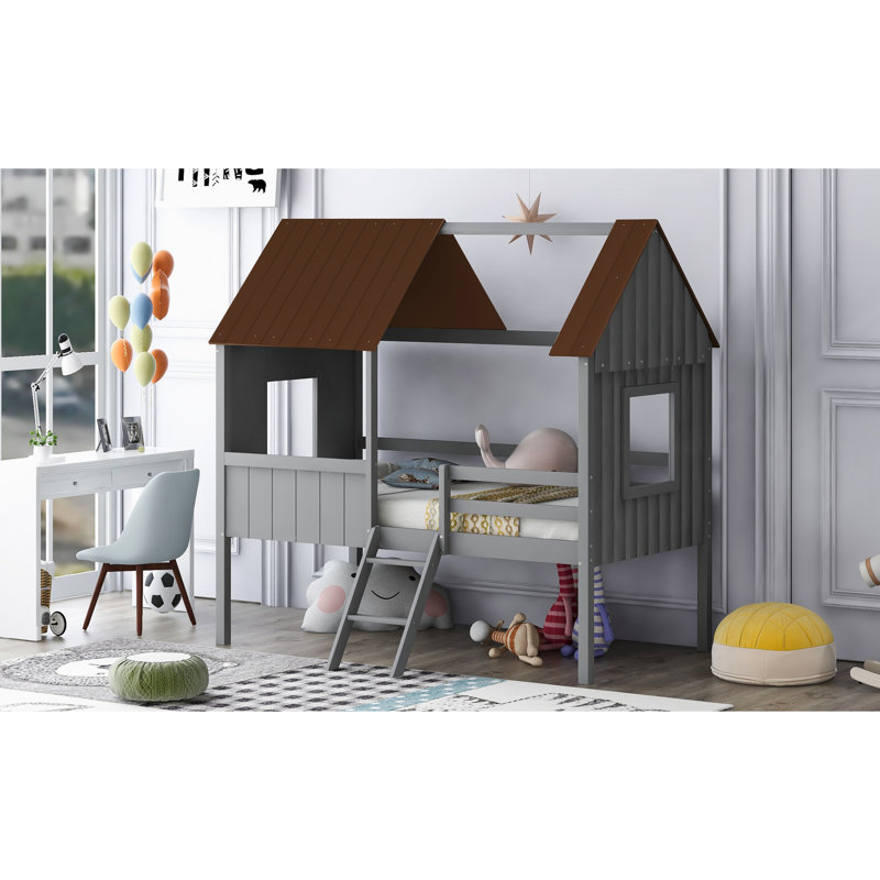 Lit mezzanine simple en bois avec deux fenêtres latérales - Construisez une chambre à coucher paisible pour un rêve gris et gris