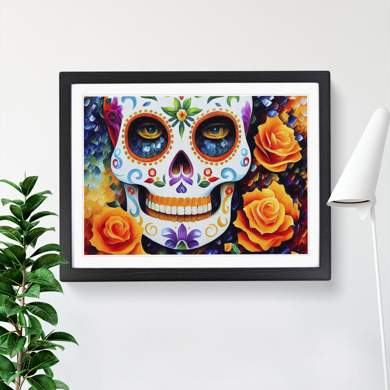 Decorated Floral Sugar Skull - Framed Print, Black Framed, 25cm H x 34cm W x 2cm D