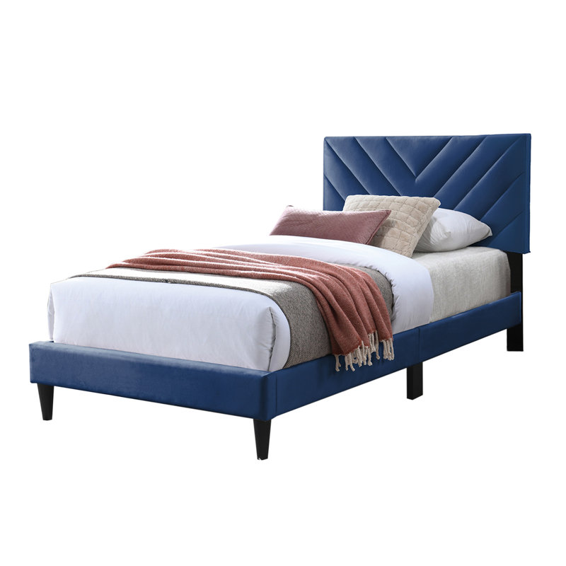 Lit tête de lit tapissier réglable en velours avec coutures en V, Plein, Bleu