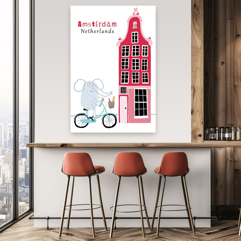 Éléphant à vélo Amsterdam Art mural abstrait et fantaisiste contemporain représentant un éléphant et représentant l'architecture urbaine