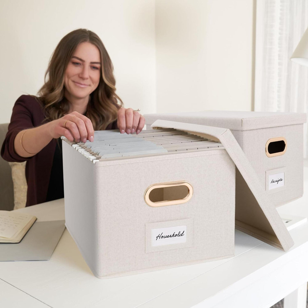 Rebrilliant Decorative File Organizer Box Set Of 2 Collapsible Linen ...