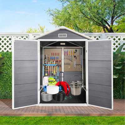 6Ft X 6Ft Plastic Outdoor Storage With Floor And Lockable Door Plastic Garden Shed For Backyard, Lawn, Gray