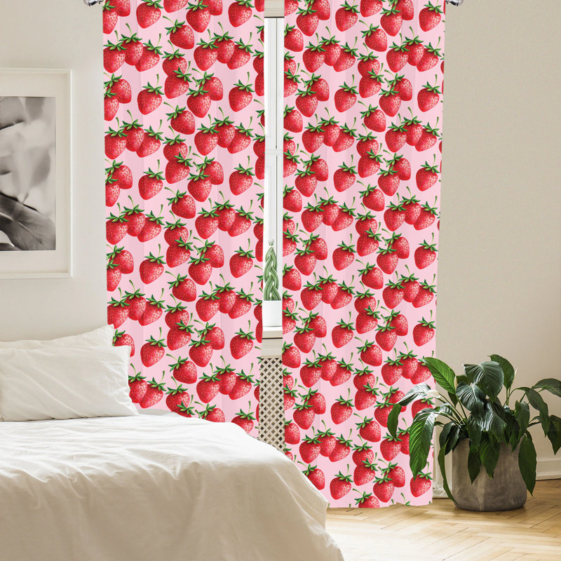 Strawberry Print White Polyester Rod Pocket Curtain Panels, 28" x 63"