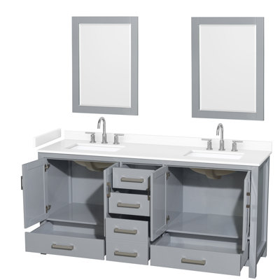 Sheffield 72 Inch Double Bathroom Vanity in Gray, White Cultured Marble Countertop, Undermount Square Sinks (3-Hole), Brushed Chrome Trim, 24 Inch Mirrors
