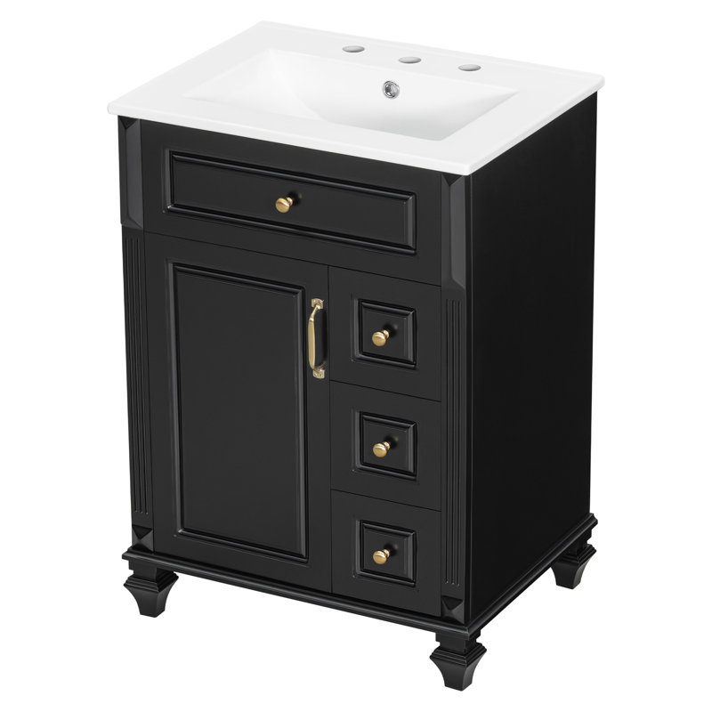Meuble-lavabo de salle de bain avec lavabo, meuble-lavabo autoportant de 24 pouces avec tiroir rabattable, 3 tiroirs et armoire de rangement