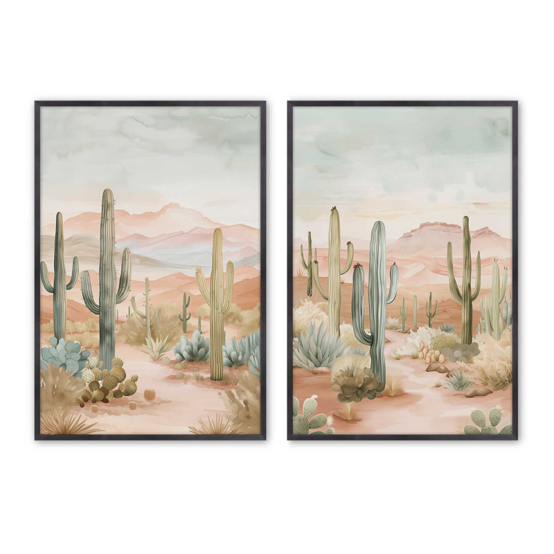 Ensemble de 2 estampes de cactus, Zinc patiné, H 37,25 po x l 50,5 po
