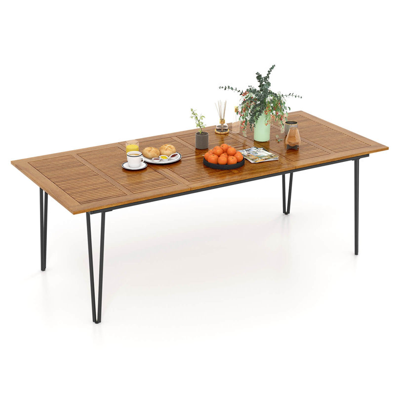 Outdoor Dining Table With Acacia Wood Tabletop & Metal Legs Umbrella Hole, 29.5"H x 37.5"L x 86.5"H