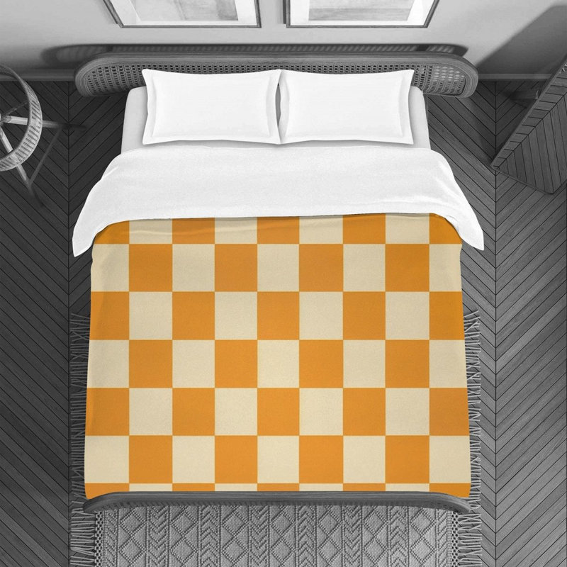 Housse de couette , Housse de couette pour lit simple, Orange / damier beige