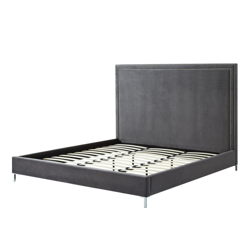 Lit plateforme tapissier Crampton, Gris, Très grand lit, Velours