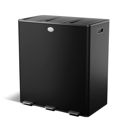 Poubelle de cuisine en acier inoxydable à trois compartiments 24 gallons avec pédales et couvercles à fermeture douce Home Zone Living, noir, 8 gallons