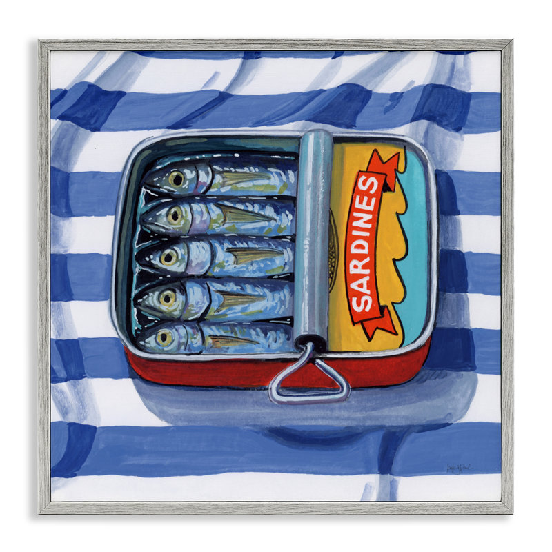 Estampe sardine sur toile rayée, design par Kate Jarvik Birch, H 17 po x l 17 po, Estampe numérique Farmhouse